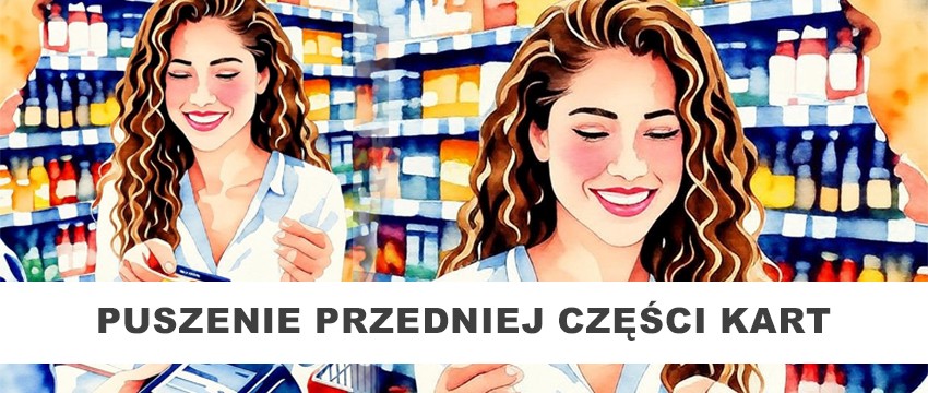 Radosna kobieta płaci przy kasie w nowoczesnym supermarkecie ALDI w Polsce, podając kasjerowi kolorową kartę przedpłaconą.