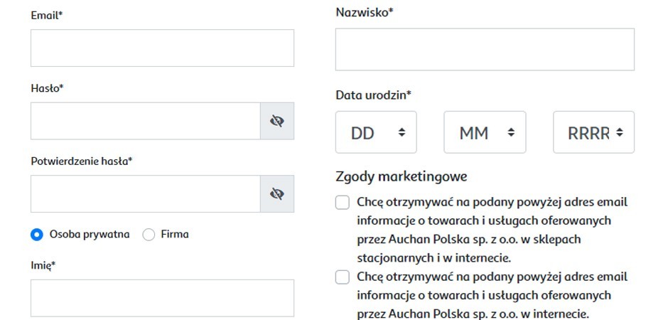formularz rejestracji w sklepie internetowym Zakupy Auchan