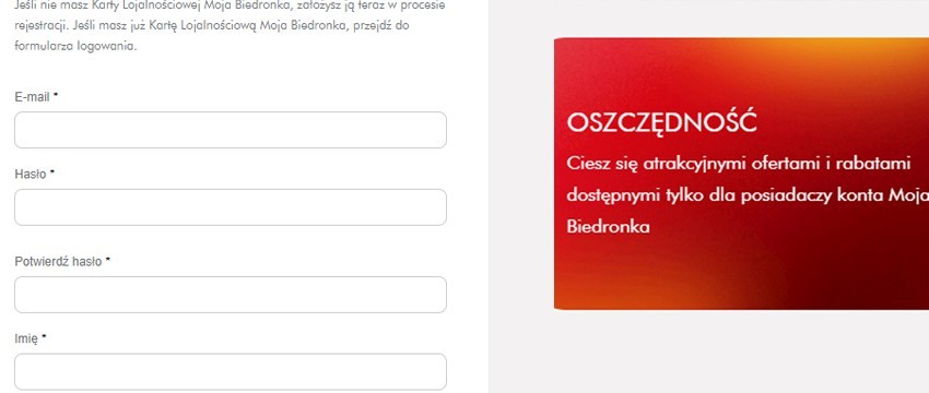 форма реєстрації в інтернет магазині Biedronka Home